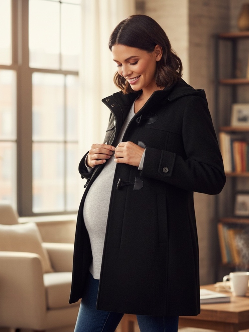 Kimi and Kai Black Maternity Pea Coat with Toggle Closures